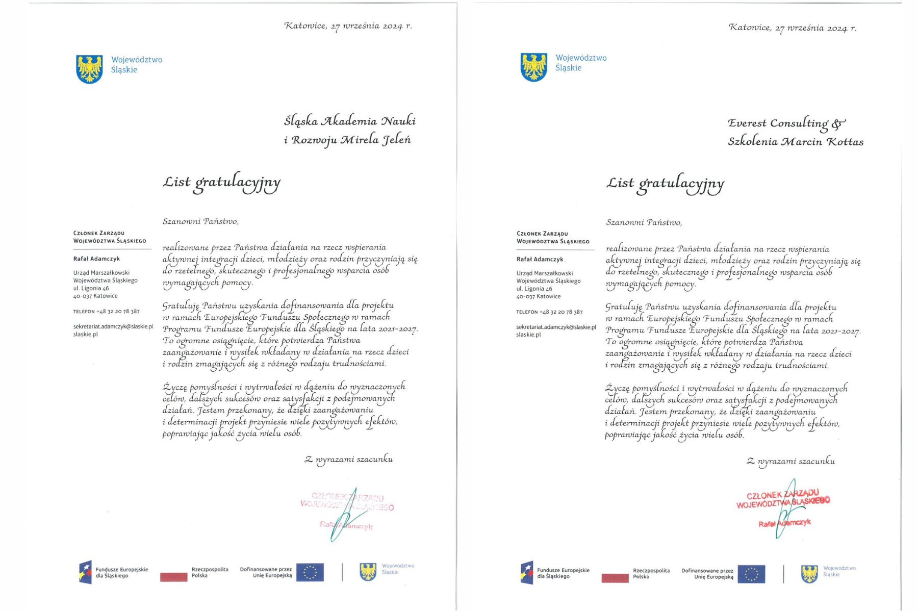 List gratulacyjny za uzyskanie dofinansowania projektu FESL.07.02. w ramach Europejskiego Funduszu Społecznego.